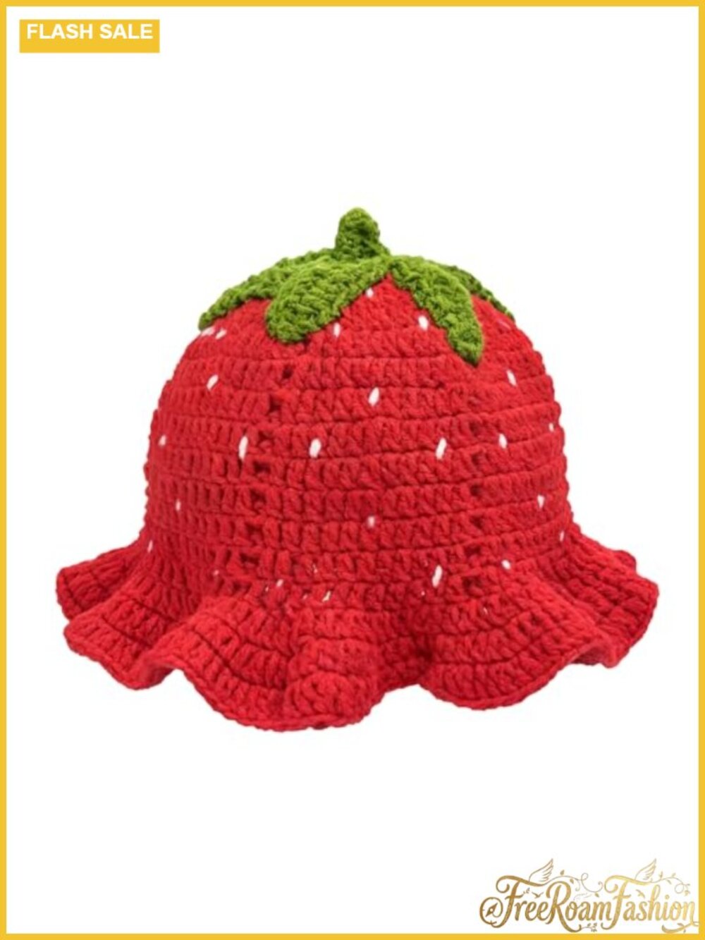 Crochet Bucket Hat Slouchy Knit Strawberry Ruffled Brim Sun Hat